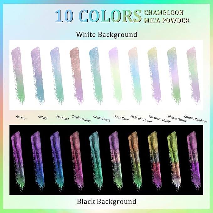 Matio Chameleon Mica Powder, 10 * 5g White Chrome Powder, Pearlescent Effect Color Shift Pigment, Mica Powder Set for Epoxy Resin, Soap Candle Dye, Nail Art, Makeup, Bath Bombs,Painting,Slime Pigment