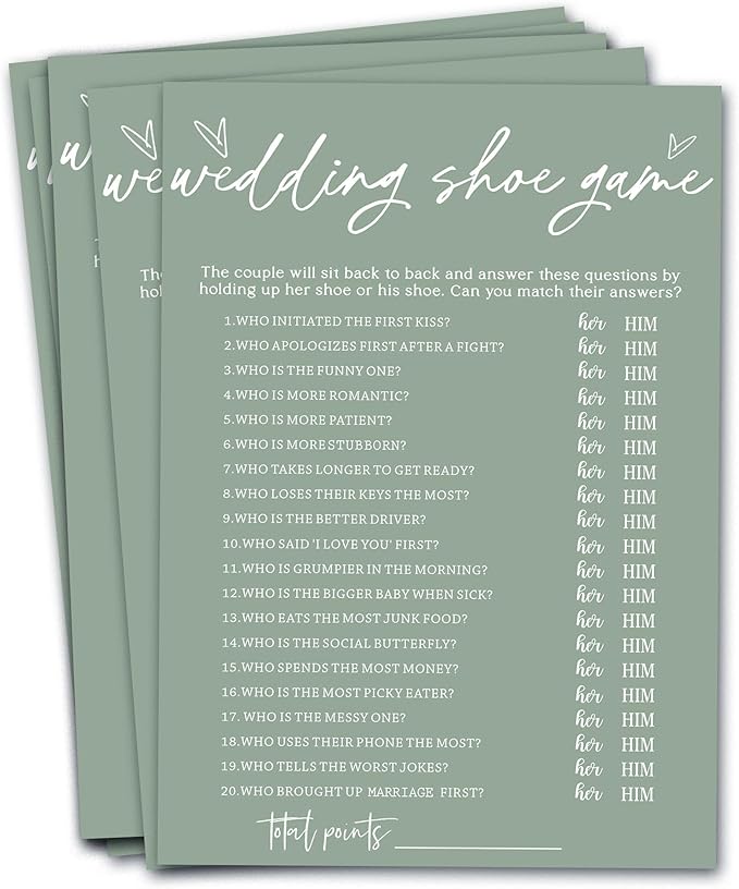 Bridal Shower Games Cards, Wedding Shoe Game, Bridal Shower Games 25 Guests, Engagement Party Wedding Games for Guests, Minimalist Green Wedding Party Supplies - C04