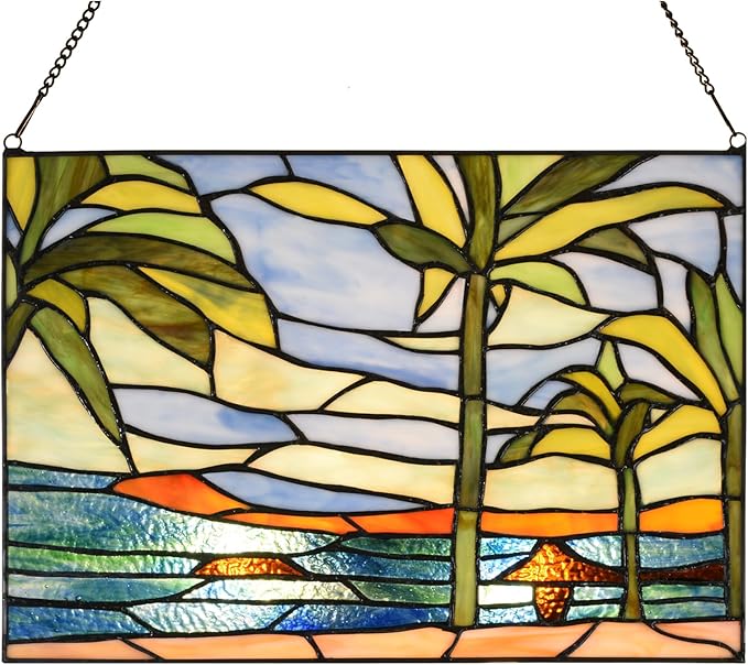 PA0006 Stained Glass Window Panel-14 Wx9.5 H Window Suncatcher Tiffany Style Ornament,Tropical Palm Trees Home Hanging Decorations