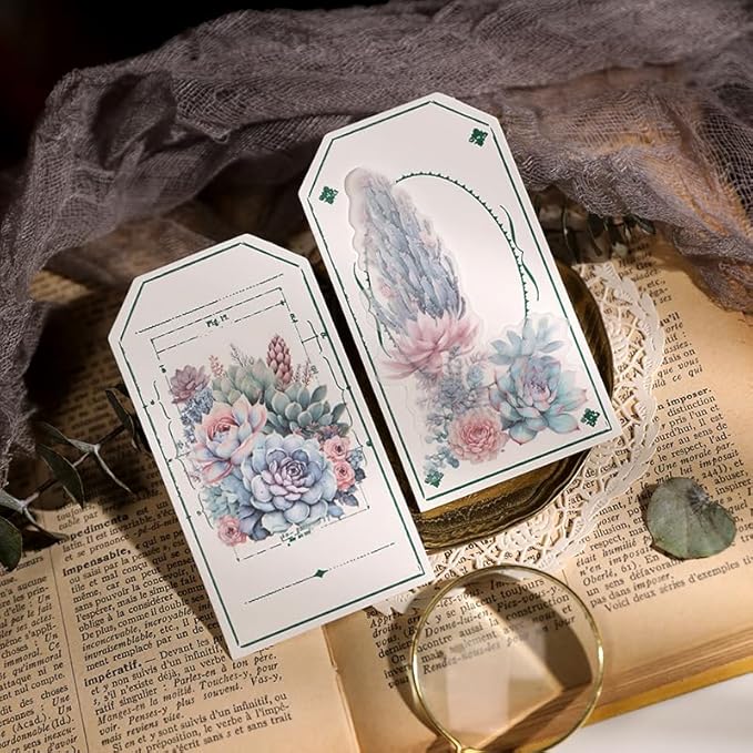 Vintage Vellum Stickers Floral Plants Elements Scrapbooking Supplies Flowers Botanic Natural Translucent Paper Self-Adhesive Junk-Journal Items (Succulent)