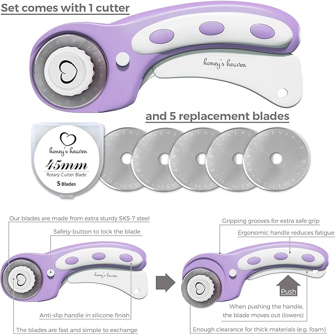 Honey's Heaven Rotary Cutter Set - 45mm Fabric Cutter, 5 Replacement Blades, A4 Cutting Mat, Acrylic Ruler and Craft Clips - Ideal for Crafting, Sewing, Patchworking, Crochet & Knitting