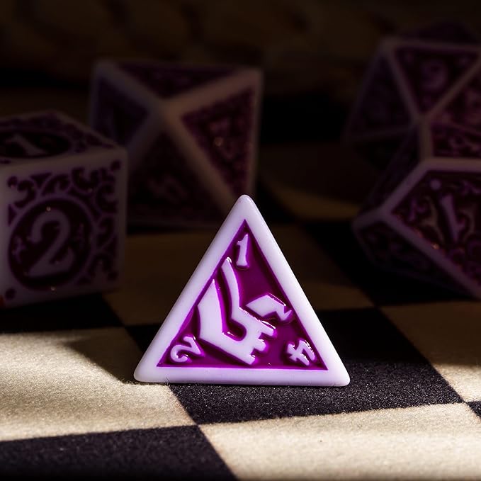 7-Die DND Dice Set New Pattern Polyhedral Dice Set with Leather Bag D&D Die for RPG Table Games(White Purple)
