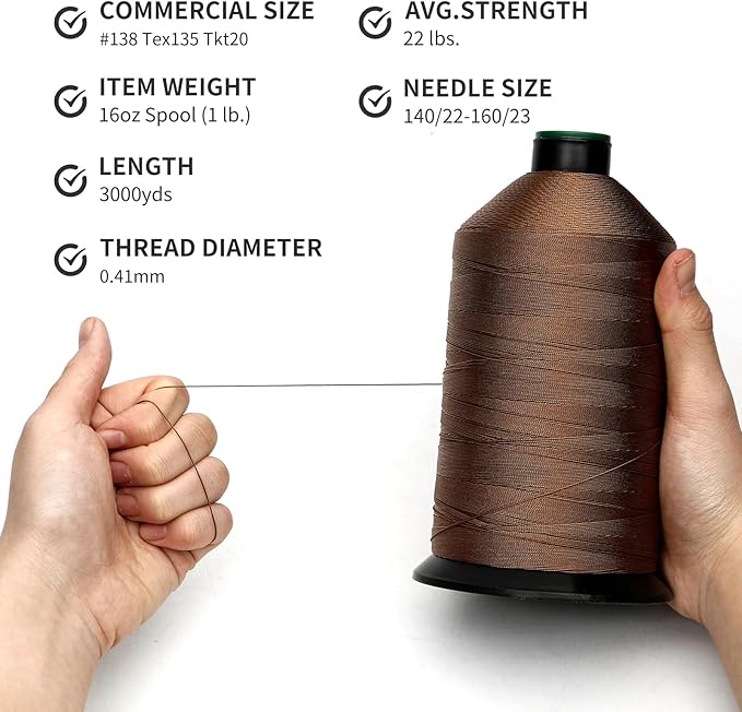 Extra Strong Bonded Nylon Thread #138 Tex135 – 16 OZ, 3000yds, Versatile Stitching Solution for Leather, Upholstery, Canvas Repair and More (Tawny Brown)