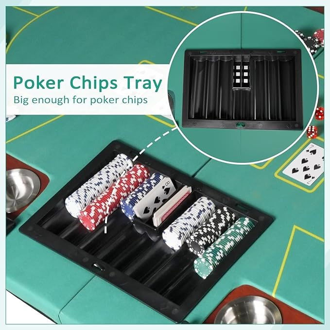 Upgrade 84" Folding Poker Table, 10 Players Oval Card Table with Stainless Steel Cup Holders and Padded Rails, Casino Leisure Felt Surface Texas Hold 'em Poker Table, Green