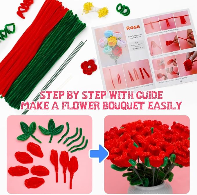 IOOLEEM Pipe Cleaners, 480pcs Red Roses, Flower Making Kit, Arts and Craft Supplies, Ideas for Art Project Activity.