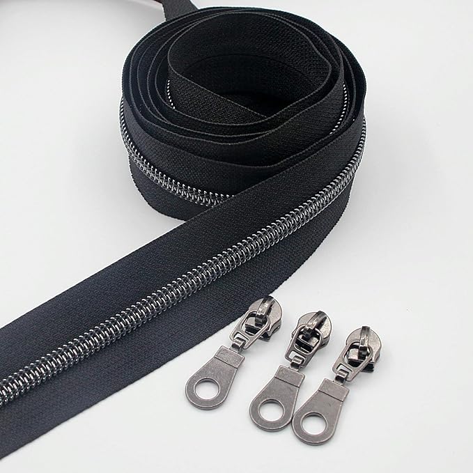 Leekayer #5 Black Nickel Metallic Nylon Coil Teeth Zippers by The Yard Bulk 10 Yards Zipper Tape with 25pcs Black Nickel Sliders for DIY Sewing Tailor Craft Bag(Black)