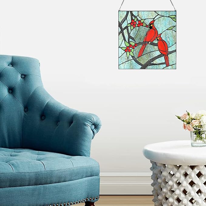 PA0008 Cardinal Stained Glass Window Panel- Tiffany Style Window Hanging- Red Bird Ornaments -12" Wx12 H Suncatcher- Wall Decorations for Home Office
