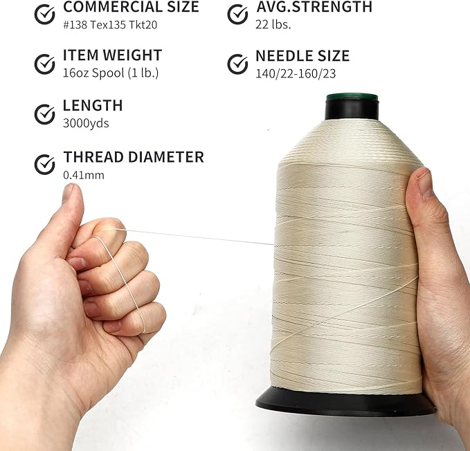Extra Strong Bonded Nylon Thread #138 Tex135 – 16 OZ, 3000yds, Versatile Stitching Solution for Leather, Upholstery, Canvas Repair and More (Beige)