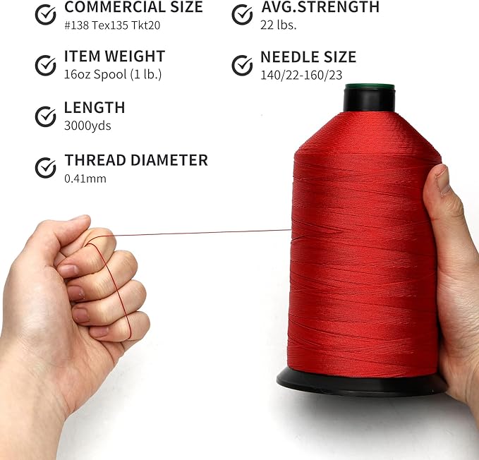 Extra Strong Bonded Nylon Thread #138 Tex135 – 16 OZ, 3000yds, Versatile Stitching Solution for Leather, Upholstery, Canvas Repair and More (Red)