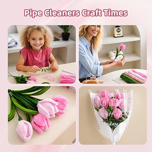 400 Pcs Thick Pipe Cleaners Craft,4 Assorted Colors Pipe Cleaners Bulk,Chenille Stems for DIY Art Project,Pipe Cleaner Flowers Kit(Pink)