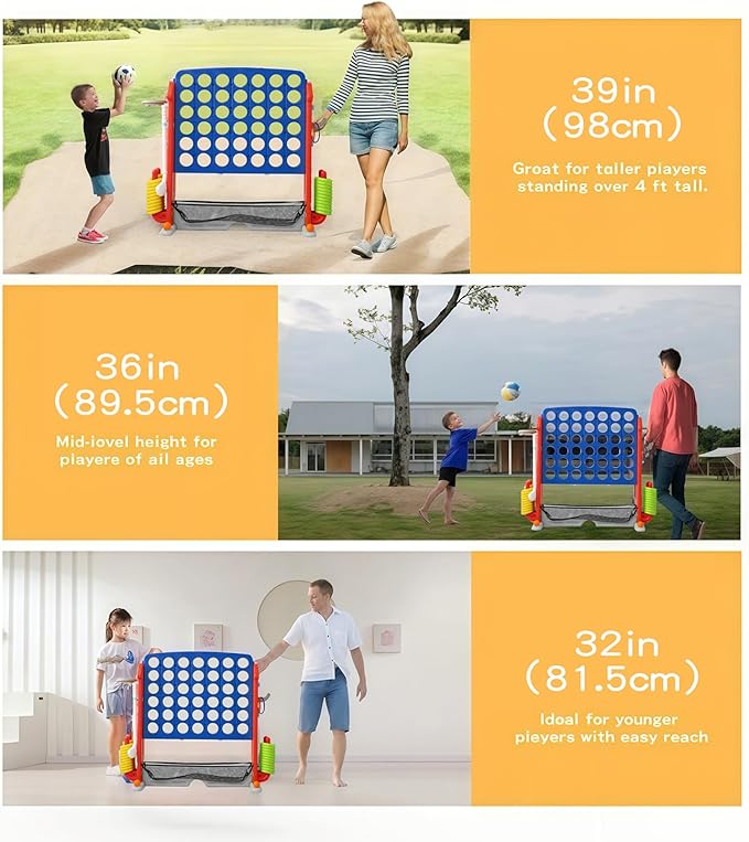 UNICOO Giant 4 in A Row Game with Carry Bag, Basketball Hoop, Ring Toss Game, 4-to-Score Game | Large Outdoor Yard Game, Parties & Gatherings Games