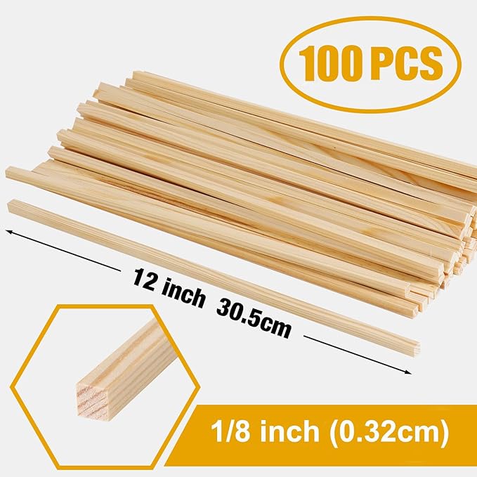 Square Wooden Dowel Rods Wood Sticks for Crafts 1/8"x 12", 100 PCS Square Wood Dowels Wooden Sticks for Crafting, Unfinished Pine Hardwood Sticks for Models Making Miniatures Woodworking Dollhouses