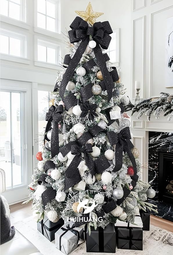 HUIHUANG Glitter Black Wired Ribbon for Christmas Tree 2.5 inch Black Diamond Mesh Wire Ribbon for Tree Decoration, Wreaths, Garland, Gift Wrapping, Bows Making, Halloween Decor -10 Yards