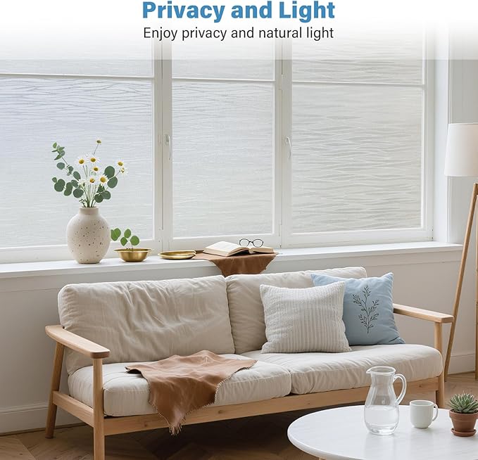 Finnez Frosted Privacy Window Film Static Cling, Non-Adhesive Decorative Cover for Glass Door & Windows, No Glue Removable Clings UV Blocking Waves Design for Home Office 23.6 x 78.7 Inches