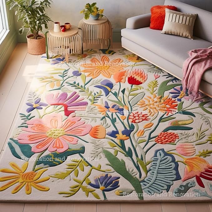 Handmade Wool Floral Area Rug for Living Room | Elegant Flower Garden Design, Soft, Thick and Durable | Bedroom, Dining Room & Home Decor Carpet (6' x 9', Floral B)