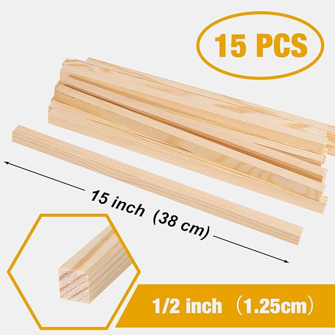 Square Wooden Dowels, Wooden Sticks for Crafts, 15 PCS 1/2" x 15" Square Wood Dowel Rods for Crafting, Unfinished Pine Hardwood Sticks for Woodworking Models Making Dollhouses Miniatures