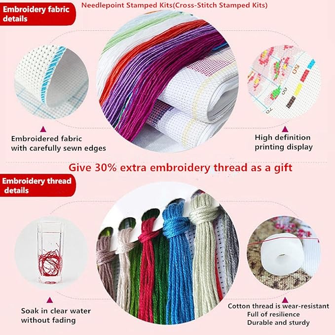 Stamped Cross Stitch Kits for Adults Beginners Pillow Needlepoint Kit with Embroidery Pattern Needlework Kit Prestamped Stitches Kit 11CT Cross Stitching-Cat Reading 18x18 inch