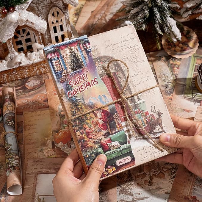 160 sheets of Christmas scrapbook paper, journaling scrapbook supplies craft collage paper set, junk journal bullet journal poster room decor for card making decorative gifts