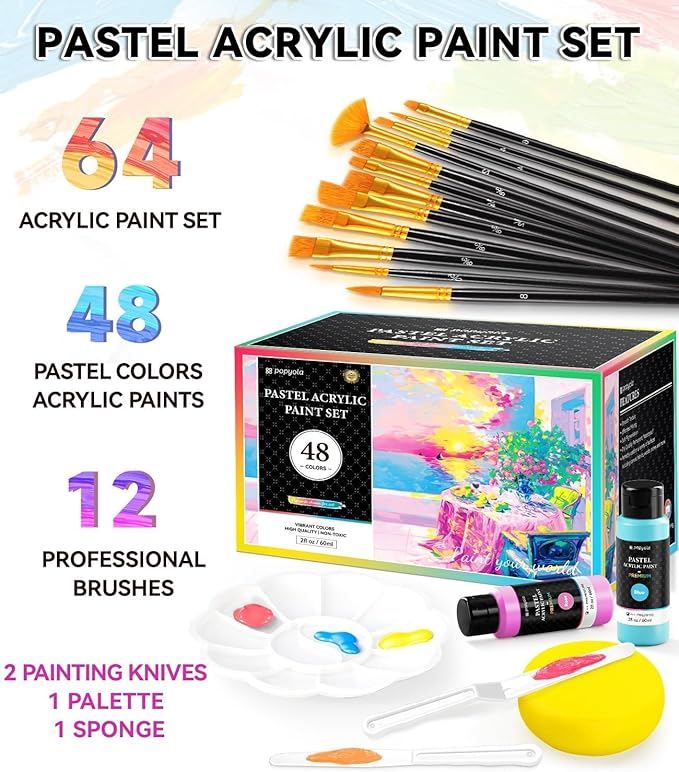 64 PCS Pastel Acrylic Paint Set with 12 Brushes, 2 Knives & Palette, 48 Colors (2oz/60ml) Art Craft Paint for Adults Kids Artists Beginners, Halloween Pumpkin Canvas Ceramic Rock Painting Kit