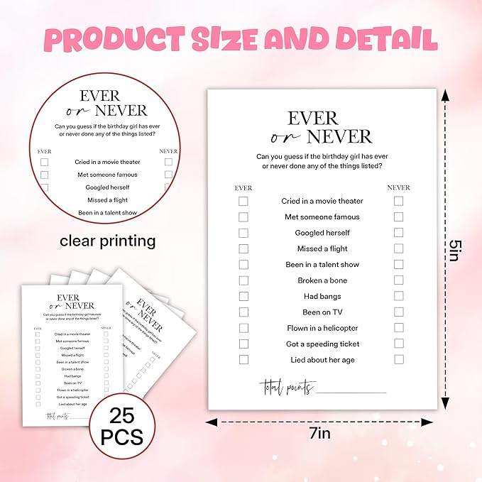 Birthday Party Games, Ever or Never, 25 Pcs Card Set for Guests, Fun Birthday Game for Teen Adults – A03