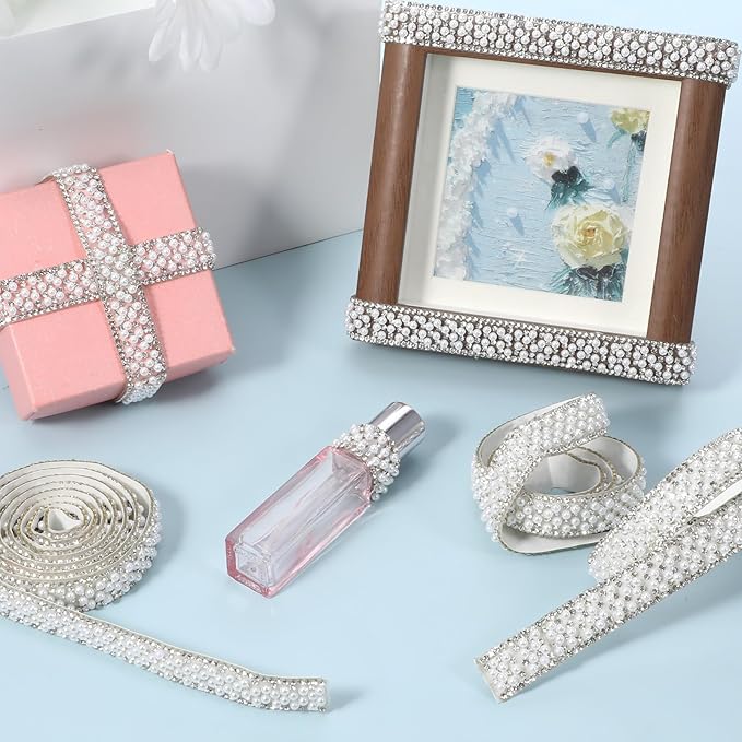 3 Rolls Pearl Rhinestone Ribbon Self Adhesive Pearl Crystal Strips Sticker Bling Pearls Strips Trims Diamond Pearls Tape for DIY Phone Clothing Crafts (3 Yard x 0.59 Inch)