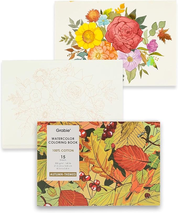 Grabie Watercolor Coloring Book, 15 Sheets A5 (8.3 x 5.8),Watercolor Book for Adults: Ignite Your Artistic Expression on 100% Cotton Paper (Autumn-Themed)