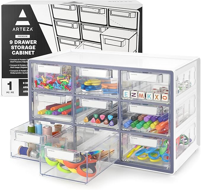 Arteza 9 Drawer Storage Cabinet, 16.1 x 9.3 x 9.8 inches, White, Plastic Drawers with Stoppers, Multi Compartment Organizer for Makeup and Art Supplies