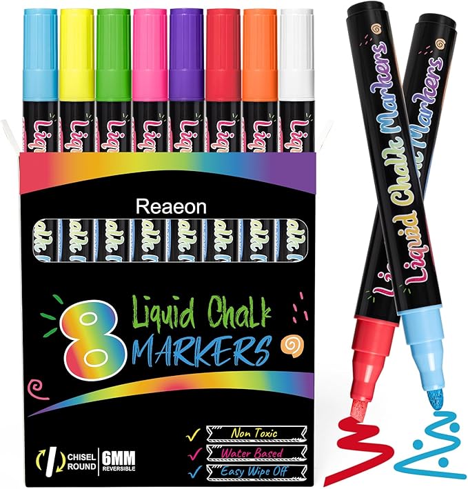 Chalk Markers, Vibrant Color Liquid Chalk Pens, for Chalkboard, Blackboard, Window, Glass, Mirror, Water-Based, Non-Toxic, 6mm Reversible Tip, 8 Pack