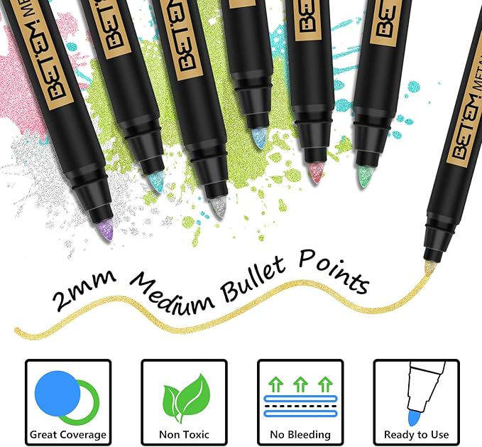 Betem Metallic Paint Markers, 10 Colors Acrylic Paint Markers for Black Paper, 2mm Medium Tips Metallic Glitter Pens Scrapbooking Supplies, Pumpkin Painting Kit for Rock Painting, Cards, Photo Albums