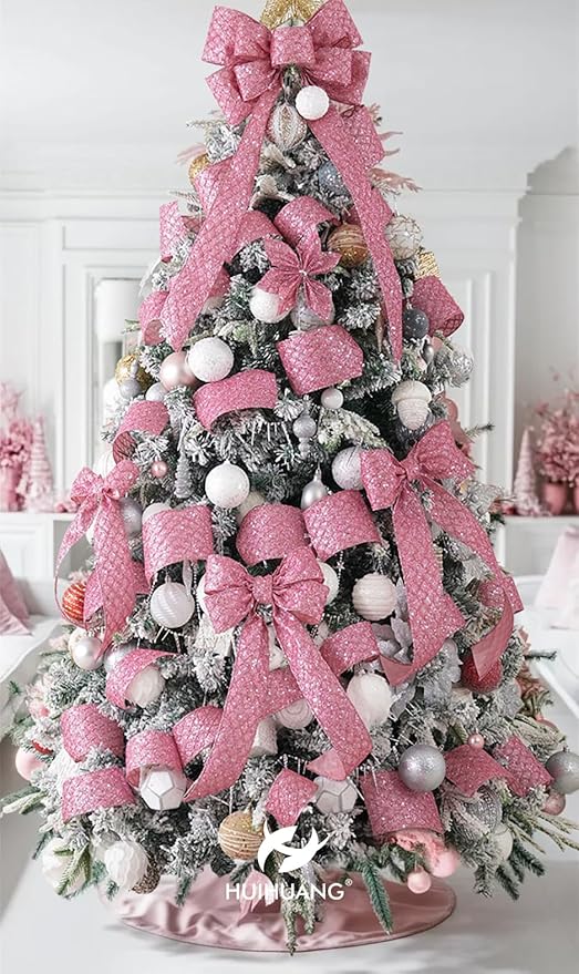 HUIHUANG Pink Wired Christmas Ribbon 4 inch Light Pink Glitter Wired Ribbon Diamond Mesh Wire Ribbon for X-mas Tree Decorations, Wreaths, Garland, Large Bows Making, Home Decor -10 Yards