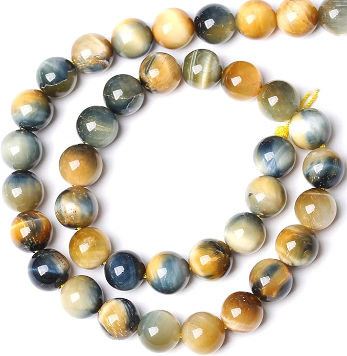10MM Dream Blue Tiger Eye Stone Beads Natural Gemstone Round Loose Beads for Jewelry Making Bracelet Necklace 72pcs 2 Strands 32"