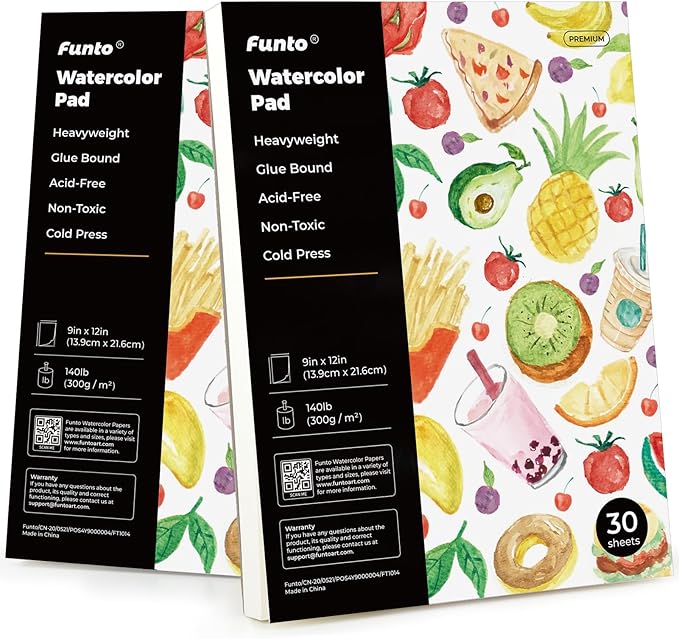 Funto Watercolor Paper Pads, 9x12, 140lb/300gsm, 30 Sheets Each, Cold Pressed, Acid-Free Heavyweight Art Paper for Painting, Drawing