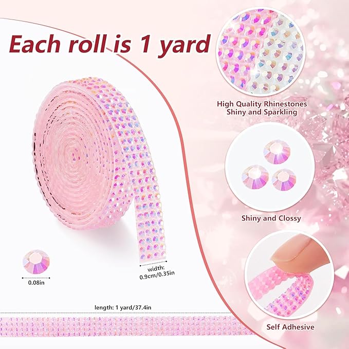 Rhinestone Ribbon Self Adhesive Crystal Rhinestones, 6-Rolls Bedazzling Strips, 6-Yard Rhinestone Strips for DIY Craft, Rhinestones Tape Self Adhesive