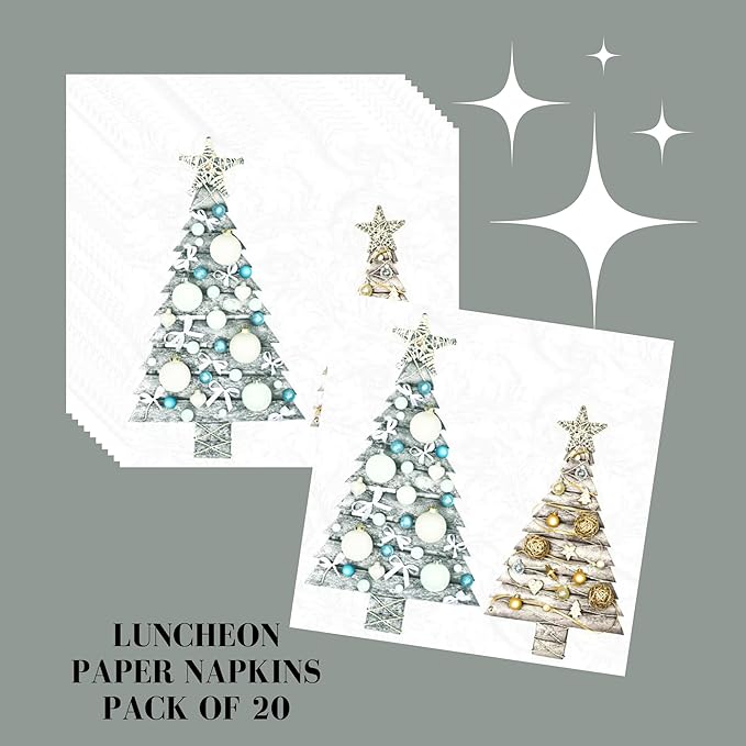 20-ct 13x13 Christmas Paper Decoupage Napkins, 3-Ply Servilletas Tissue Napkin for Dinner and Parties, Disposable Napkins (Trees Xmas)