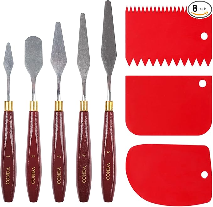 CONDA 5 Pcs Palette Knife Painting with 3 Plastic Scrapers, Stainless Steel Spatula Palette Knife Oil Paint Metal Knives Wood Handle