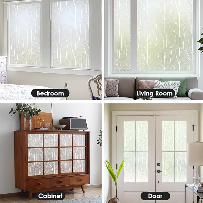 DKTIE Nordic Leaves Window Privacy Film Decorative Stained Glass Sun Blocking Heat Control with Free Installation Tools, Privacy Window Film Day and Night (White, 17.7'' x 118.1'')
