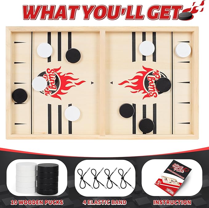 Large Fast Classic Slingshot Puck Game, Wooden Hockey Board Games for Family Night, Table Game for Adults and Kids, 2 Player Games for Ages 6 and Up, Test Speed and Accuracy, Air Hockey