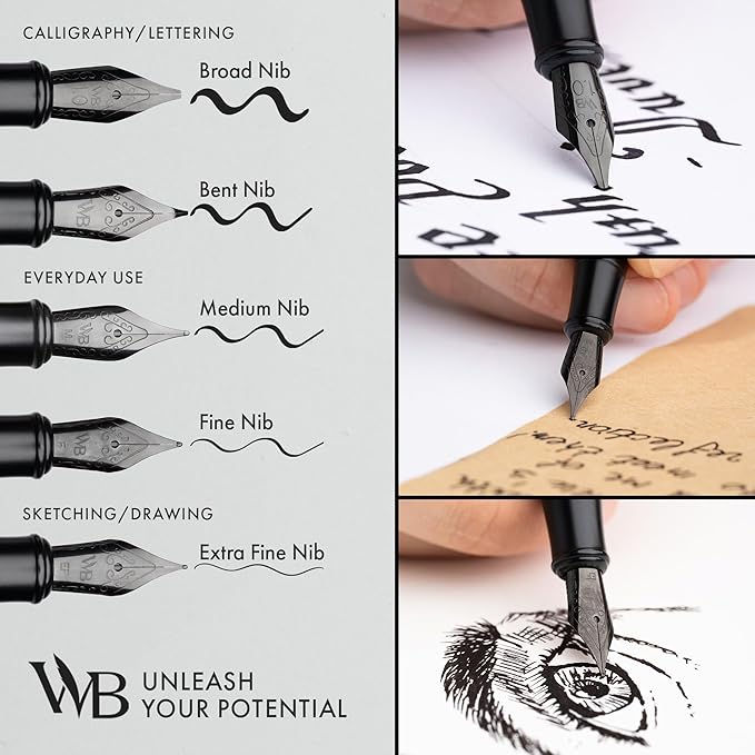 Wordsworth & Black Fountain Pen Set, Fine Nib, Includes 24 Pack Ink Cartridges, Ink Refill Converter & Gift Box, Calligraphy, [All Black], Perfect for Men & Women