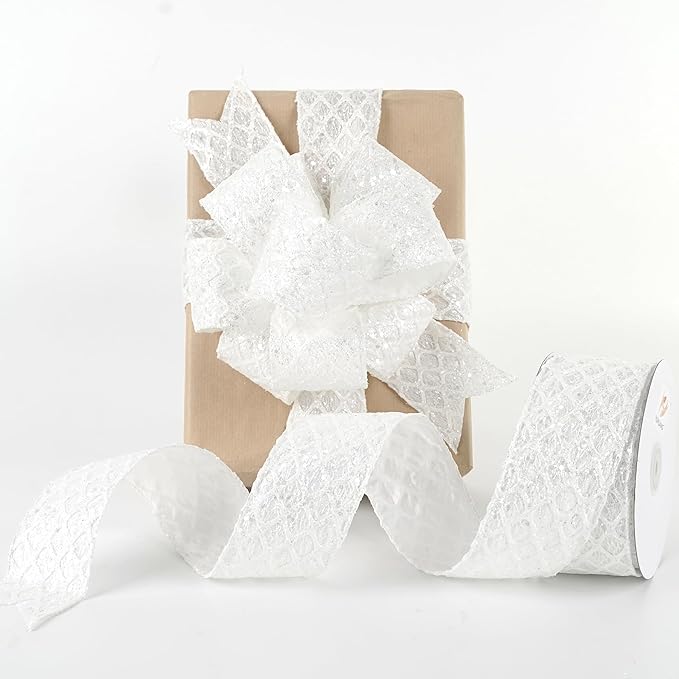 HUIHUANG White Glitter Wired Ribbon for Christmas Tree 2.5 inch White Diamond Mesh Wire Ribbon for Tree Decoration, Wreaths, Garland, Gift Wrapping, Large Bows Making, Home Decor -10 Yards