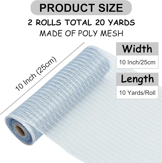 TONIFUL 2 Rolls 10 Inch Silver Decorative Mesh Ribbbon Rolls, Fabric Mesh with Foil for Wreath Supplies, Front Door Wreath Crafts Tree Decor Christmas NewYears Halloween Decoration (10 yds/roll)