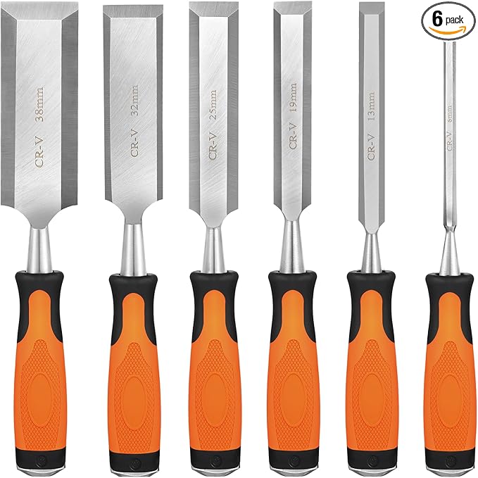 KINGBRO 6 Pcs Wood Chisel Sets, Wood Chisels for Carbon Steel Woodworking with Steel Hammer End, Durable PP+TPR High Impact Handle Wood Chisel, 6/12/19/25/32/38mm