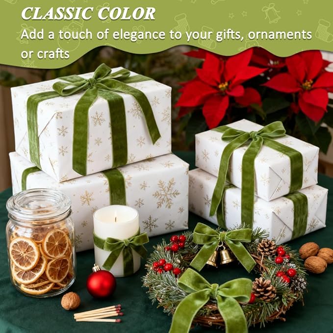 Mousse Green Velvet Ribbon, 1 Inch x 20 Yards Single Faced Mousse Green Ribbon for Gift Wrapping, Bow Making, Christmas Tree Decorations, Wreath Making and DIY Crafts (10 Yards Each Roll)
