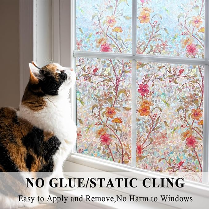 Stained Glass Window Film Static Cling Door Privacy Film Decorative Flowers Red Leaves Window Decals Stickers Heat Control Anti UV for Home and Office,45.2x157 in.