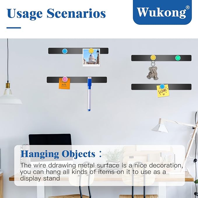 Wukong 4 Pack | 30x3cm(11.81 x 1.18) Magnetic Stainless Black Boards Strips, Adhesive Backing Bulletin Bar Board, Memo Board with 16Pcs Colorful Magnets for Office, Home, Photo Wall, Documents