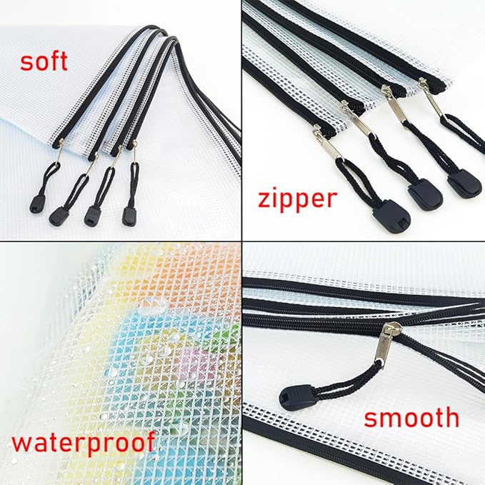 AUSTARK 10 Pcs Zipper File Bags, Waterproof Plastic Mesh Pouch for Office School, Board Game Storage Bags (B4 Size 15''x11'', White and Black)
