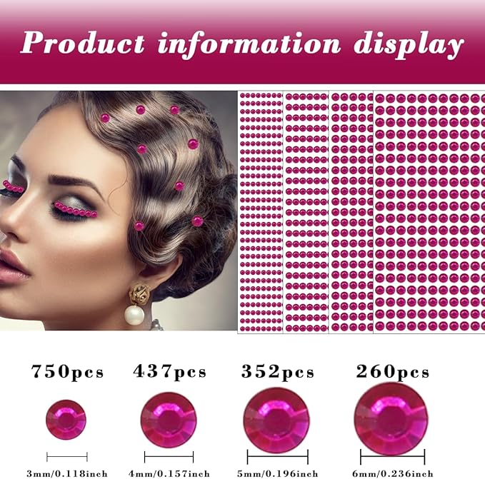 1799 Pcs 4 Sheets Rhinestone Stickers 3/4/5/6 mm Self Adhesive Rhinestones Gems for Face Eyes Makeup Hair Body (rose-3/4/5/6mm)
