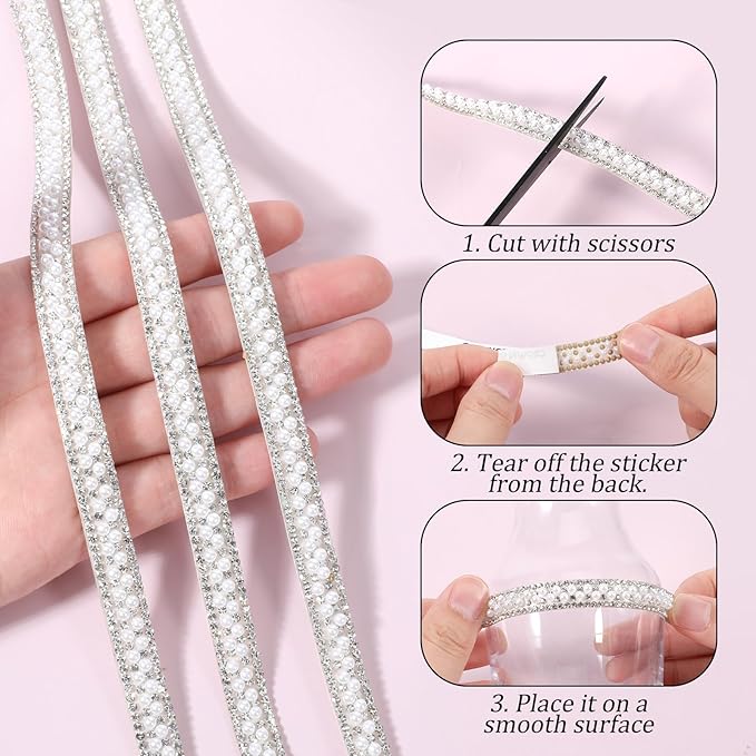 3 Rolls Pearl Rhinestone Ribbon Self Adhesive Pearl Crystal Strips Sticker Bling Pearls Strips Trims Diamond Pearls Tape for DIY Phone Clothing Crafts (3 Yard)