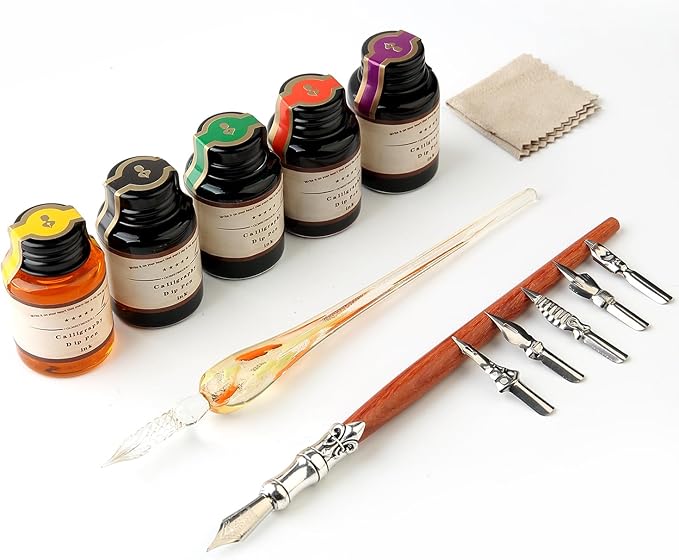 GC QUILL MU-02 Calligraphy Pen Set, Glass Dip Pen and Handcrafted Wooden Dip Pen Gift Set with 5 Colors Calligraphy Ink 6 Nibs, Calligraphy Set for Beginners