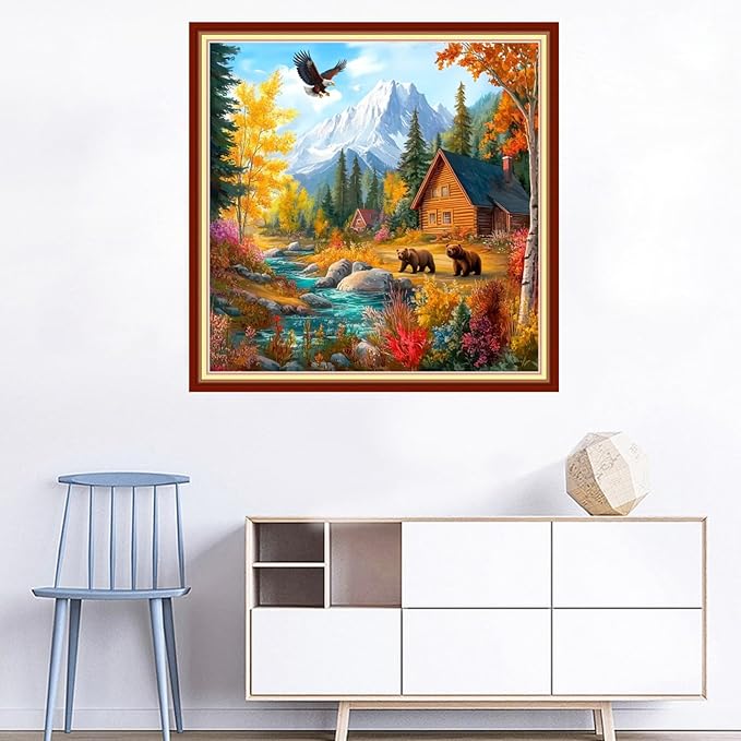 Joyhoor Cross Stitch Kits for Beginners Stamped Cross-Stitch Supplies Needlework preprint Embroidery Kits for Adults DIY Needlepoint Kits Embroidery Patterns 11CT-Brown Bear Landscape 18x18 inchs