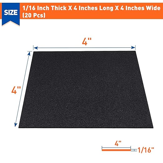 MAGZO 20Pcs Adhesive Foam Padding 1/16 in Thick X 4 in X 4 in,Closed Cell Foam Sheets Neoprene Rubber Self Stick Pads Anti Vibration Pads,Black (4in x 4in x 1/16in, 20Pcs)